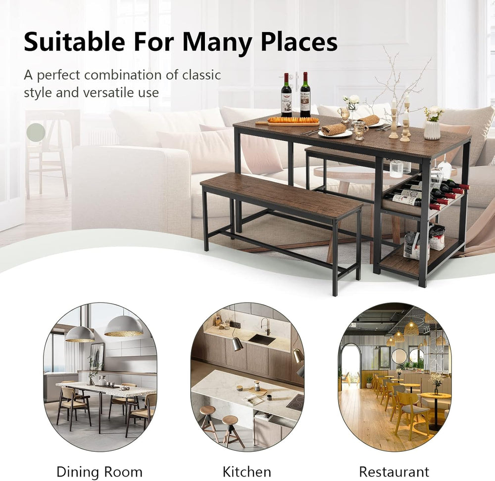 COSTWAY 3-Piece Dining Table Set for 4, Rustic Pub Table with 2 Benches