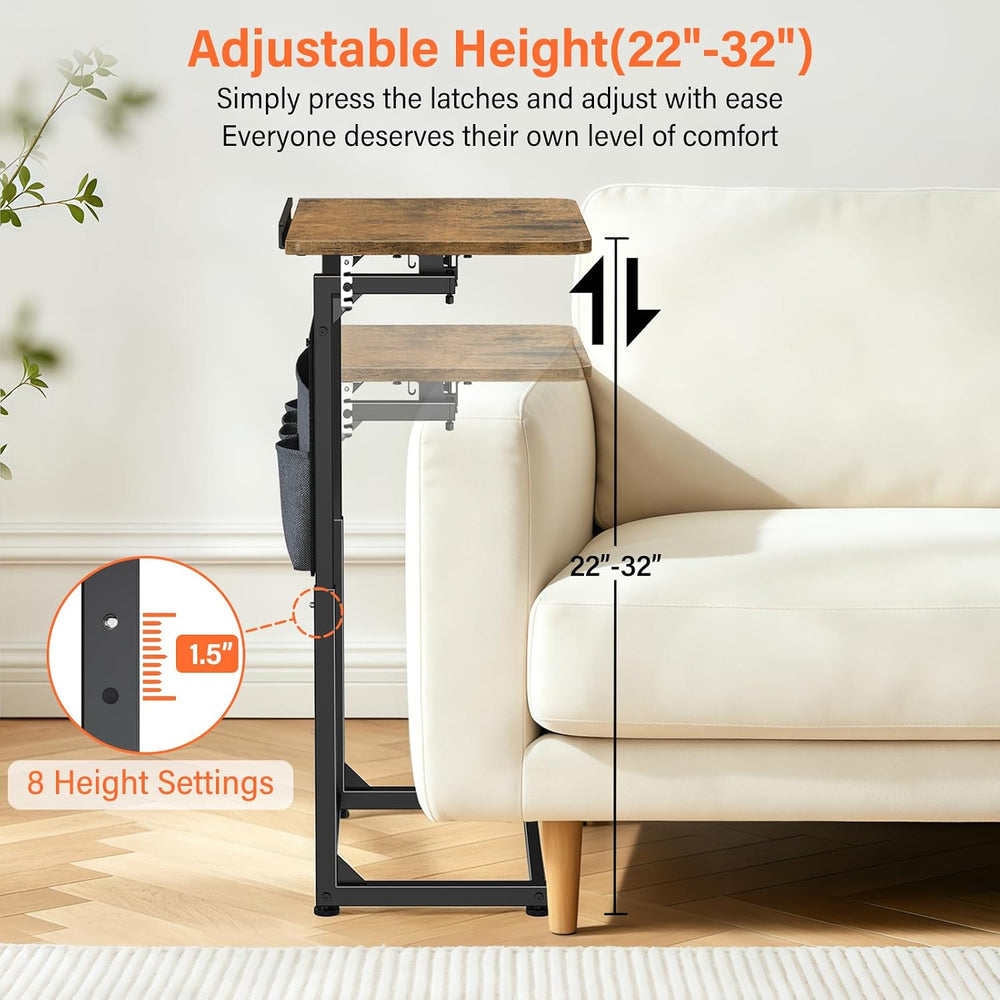 Small C Shaped End Table Set of 2, Slide Under Sofa Adjustable Height Side Ta...
