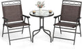 Goplus Bistro Table and Chairs Set of 2, Outdoor 3 Piece Patio Bistro Set with 1.57” Umbrella Hole, Tempered Glass Tabletop, 2 Folding Chairs, Small Patio Furniture Dining Set for Garden, Balcony