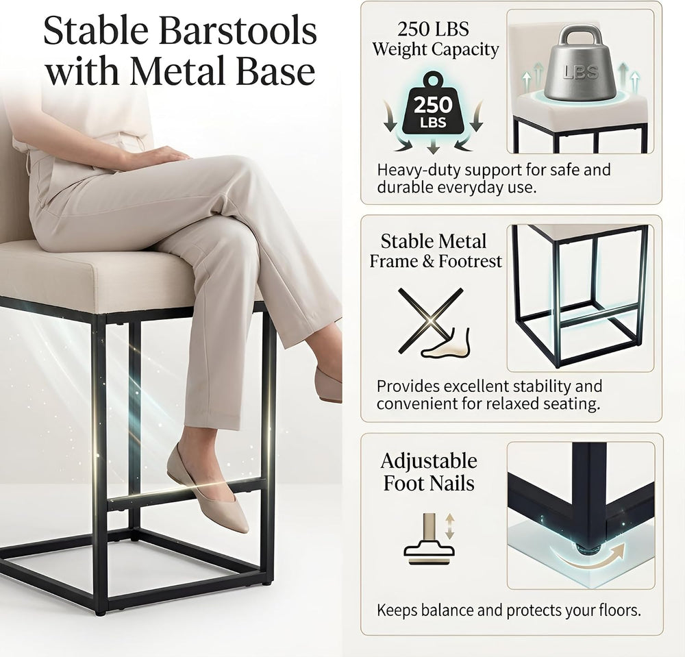 HNY Modern Counter Height Bar Stools Set of 3, 27 Inch Cream Linen Barstool