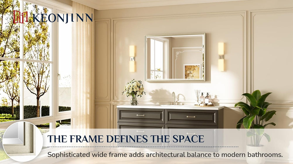 Keonjinn 40" x 30" Brushed Nickel Bathroom Vanity Mirror, HD Temper...