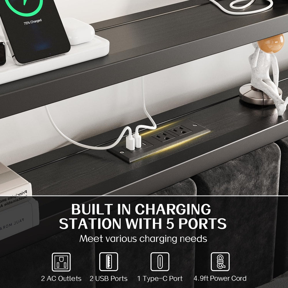 OLEVS Full Bed Frame with LED Lights & Charging Station Modern Platform Bed