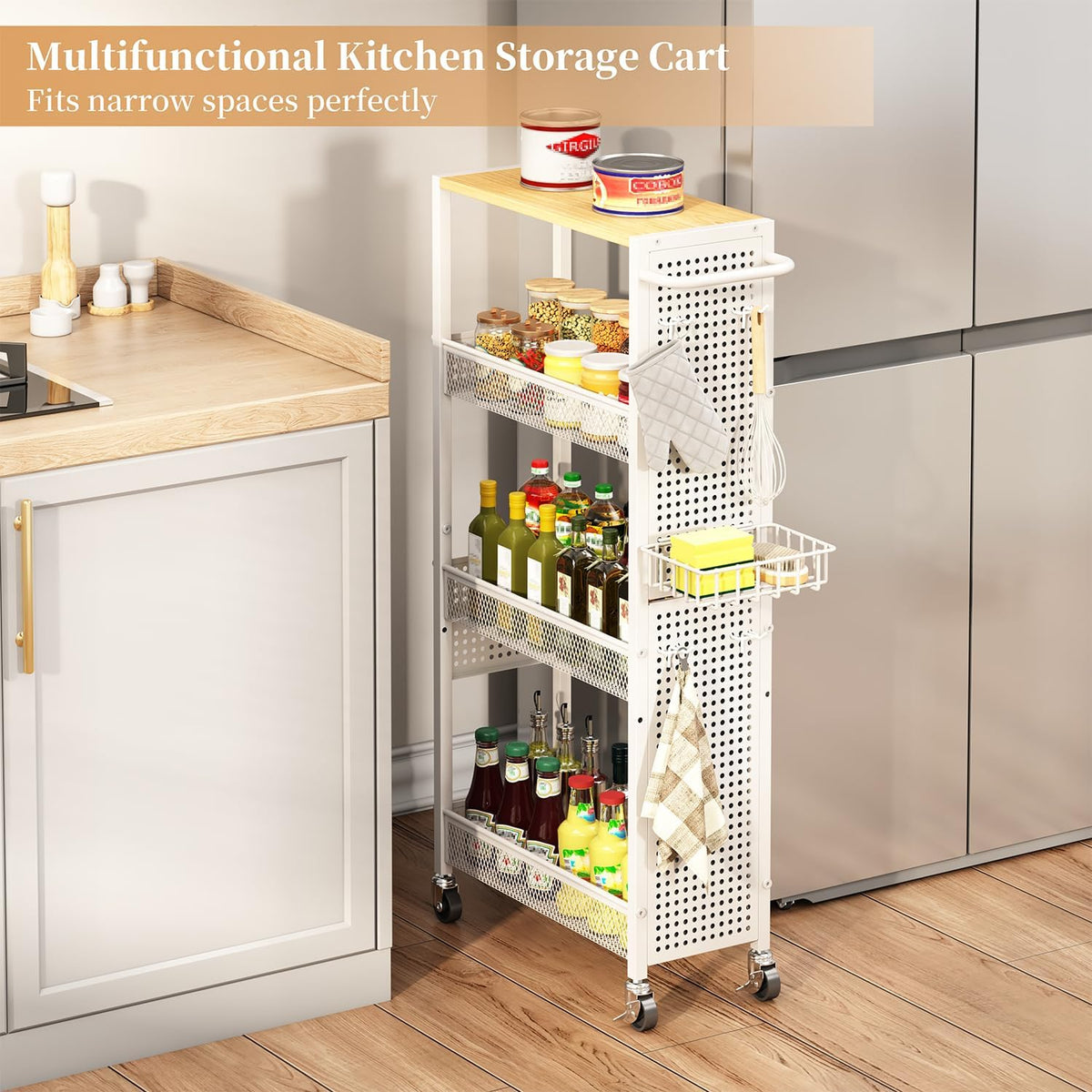 Slim Storage Rolling Cart: 4-Tier Narrow Metal & Wood Utility Cart with Wheels for Kitchen/Laundry/Bathroom(White)