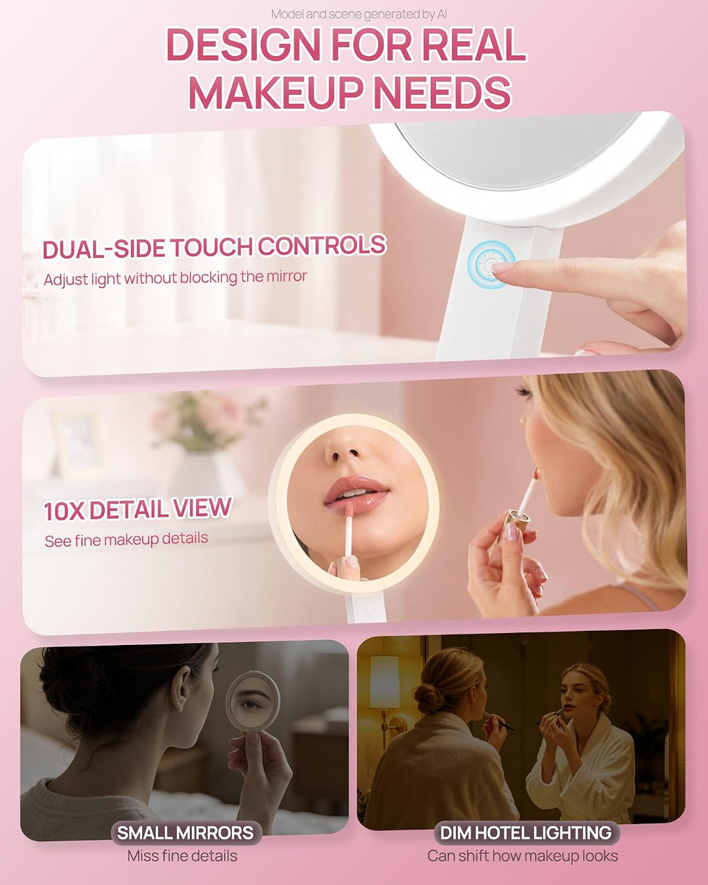 Buqikma Travel Lighted Makeup Mirror 1X/10X Magnifying Mirror with Lights