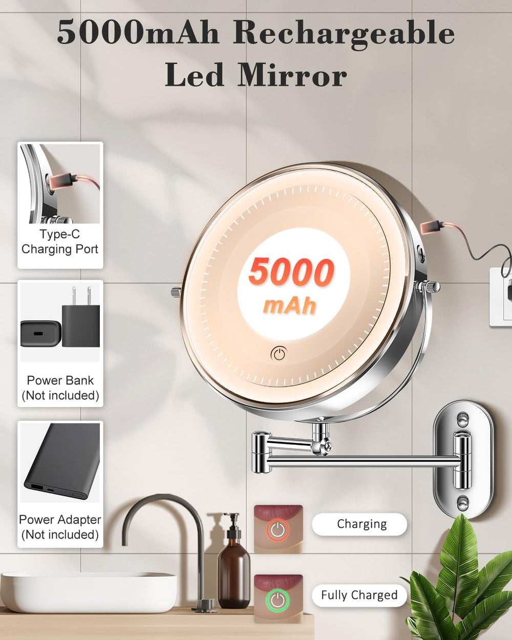 9'' 30X/1X Wall Mounted Height Adjustable Lighted Magnifying Makeup M...