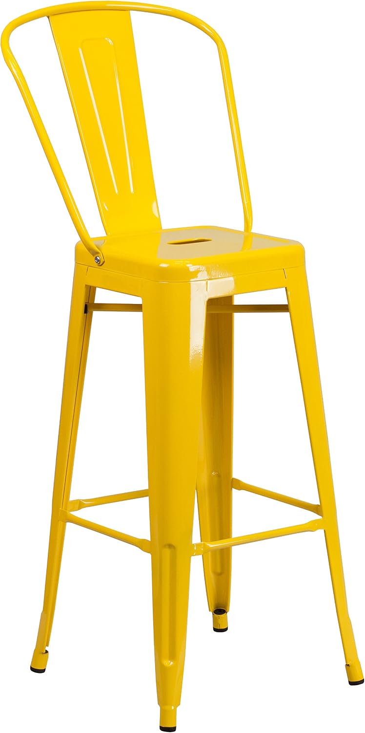 EMMA + OLIVER 30" H Yellow Metal Barstool with Back