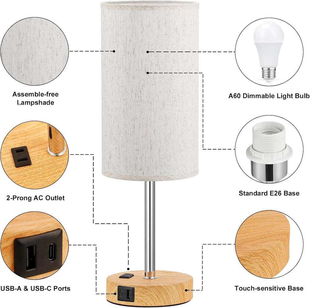Fenmzee 17.4" Bedside Lamp for Bedroom - Dimmable Touch, USB A+C, AC Outlet