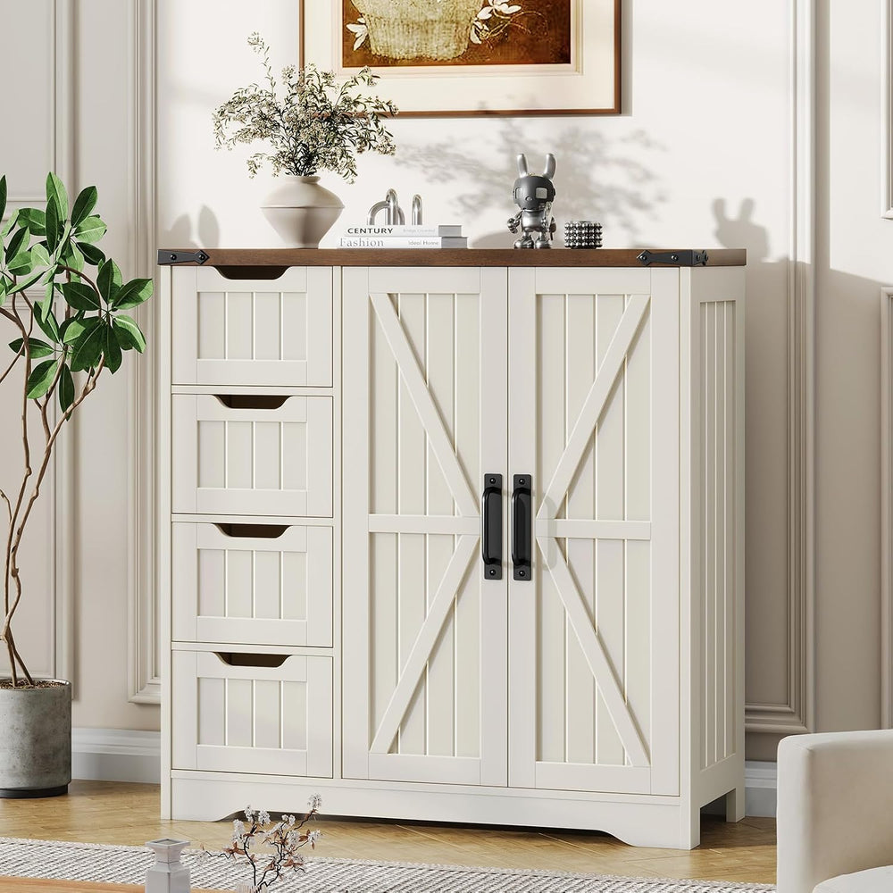 Vabches Farmhouse Bathroom Cabinet, Freestanding Storage Cabinet with 4 Drawe...
