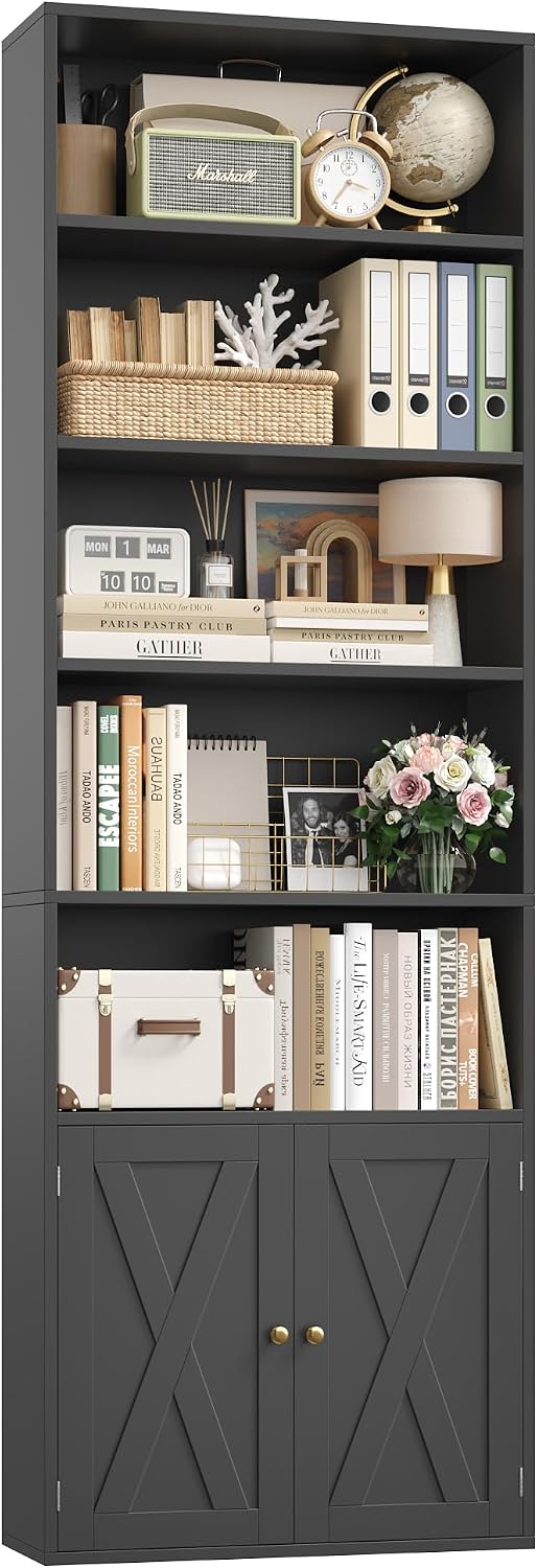 FACBOTALL 82" Tall Bookcase, Farmhouse Bookshelf with Doors, Black
