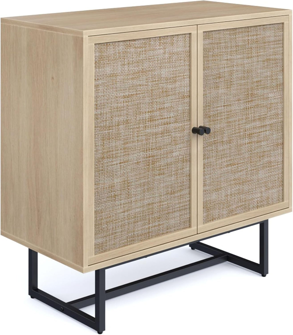 Nathan James Kova Accent Sideboard Storage Cabinet in Light Wood and Rattan with Metal Frame, Adjustable Shelves and Cane Doors, for Hallway, or Living Room, Light Oak/Cane/Black