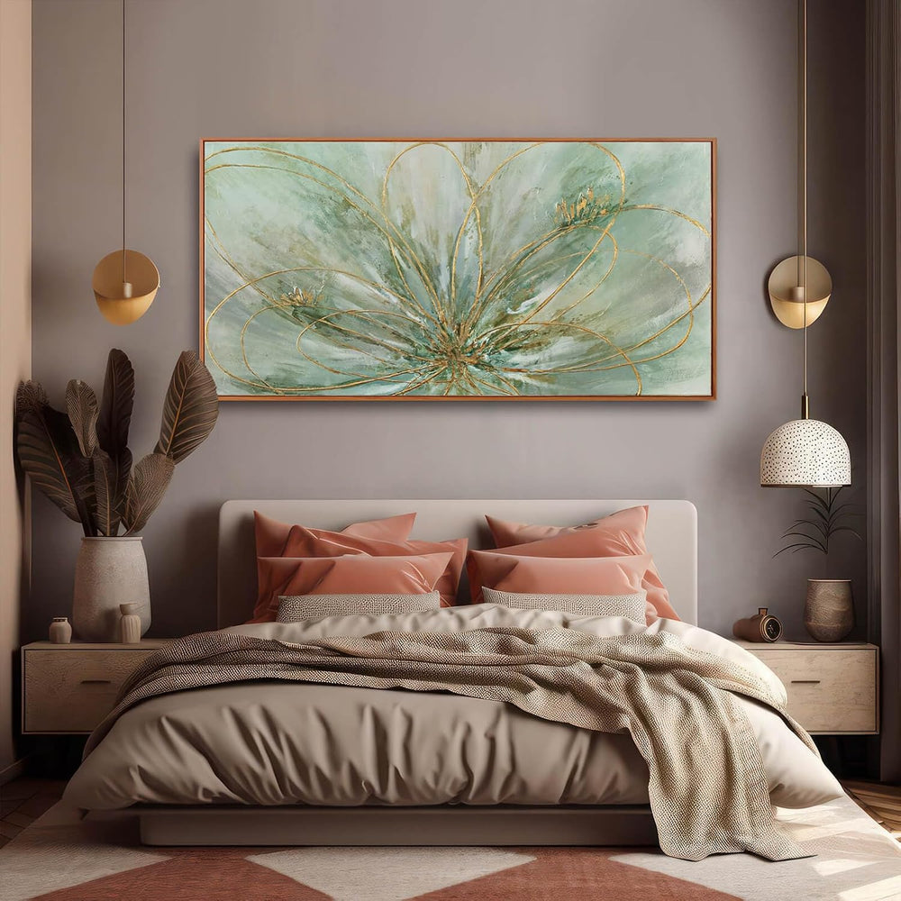 Framed Canvas Prints Gold Line Poster Abstract Wall Ar Green Pictures Wall De...
