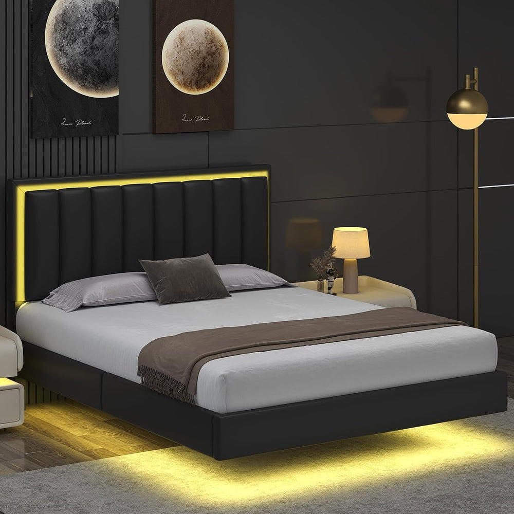 IMMERSTABLE Full Size Floating Bed Frame with LED Lights, Upholstered Platfor...