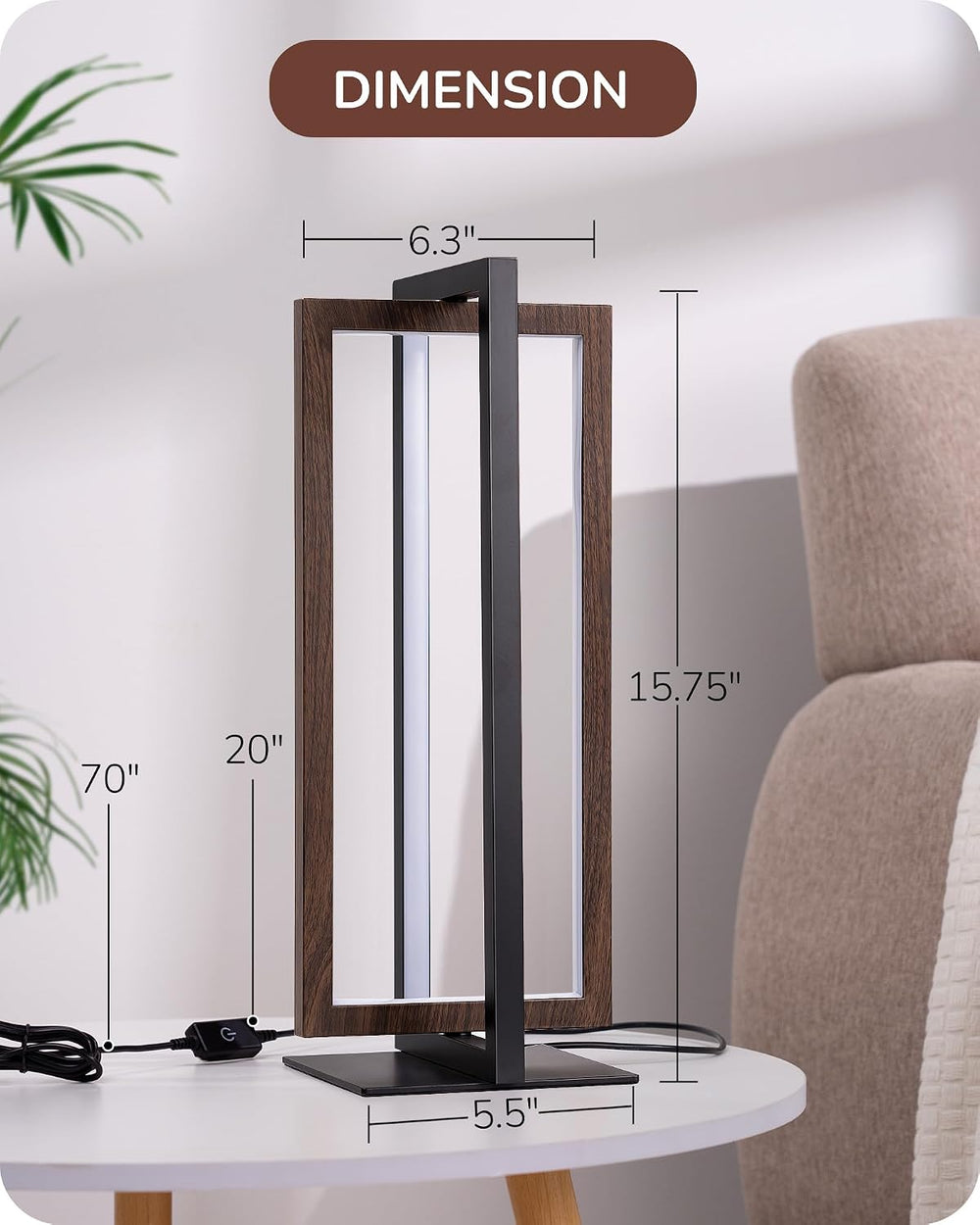 EDISHINE Modern LED Table Lamp, Minimalist Bedside Lamp, Walnut Wood Grain