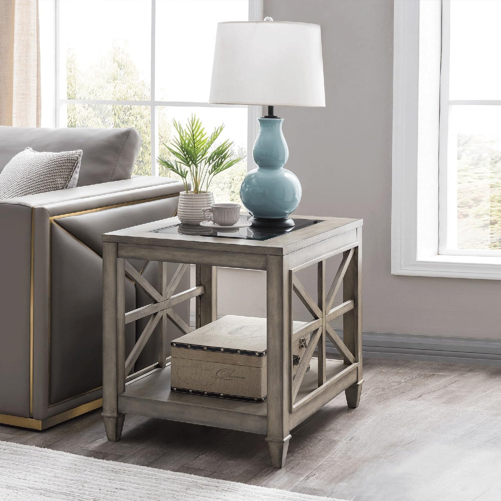 Large Solid Wood End Table with Tempered Glass Top, Antique Gray
