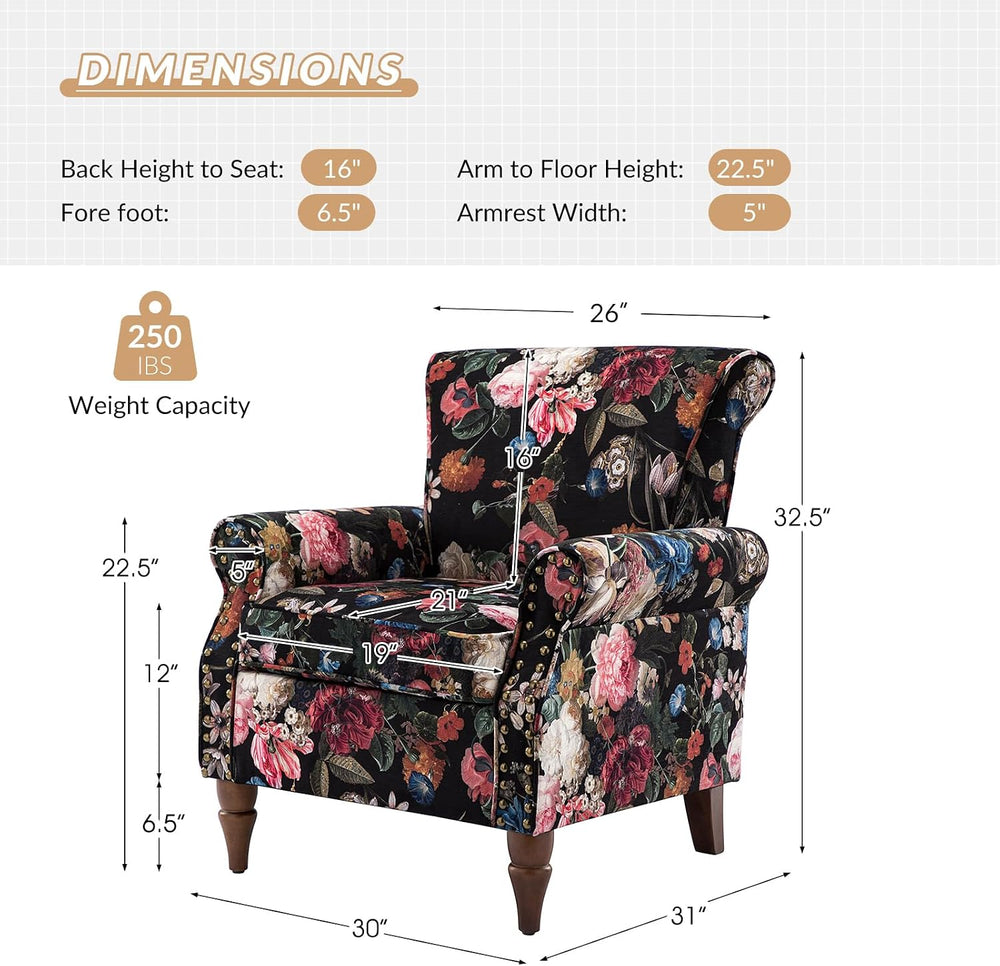 HULALA HOME Traditional Floral Accent Chair with Solid Wood Legs, Black