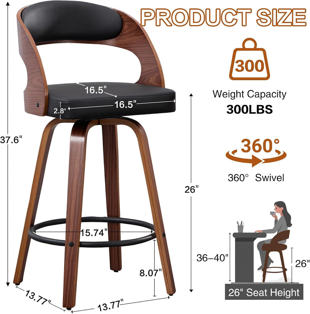 VipDesk 26" Swivel Upholstered Counter Height Bar Stools Set of 3, Black