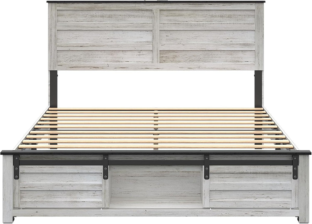 King Size Wooden Bed Frame with Headboard and Storage Footboard