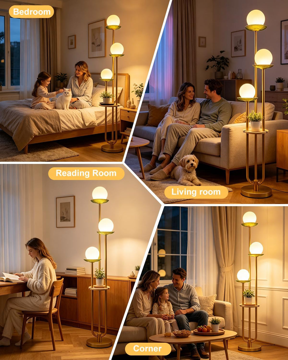 3-Globe Gold Floor Lamp Dimmable with Green Glass Tray Tall Lamp