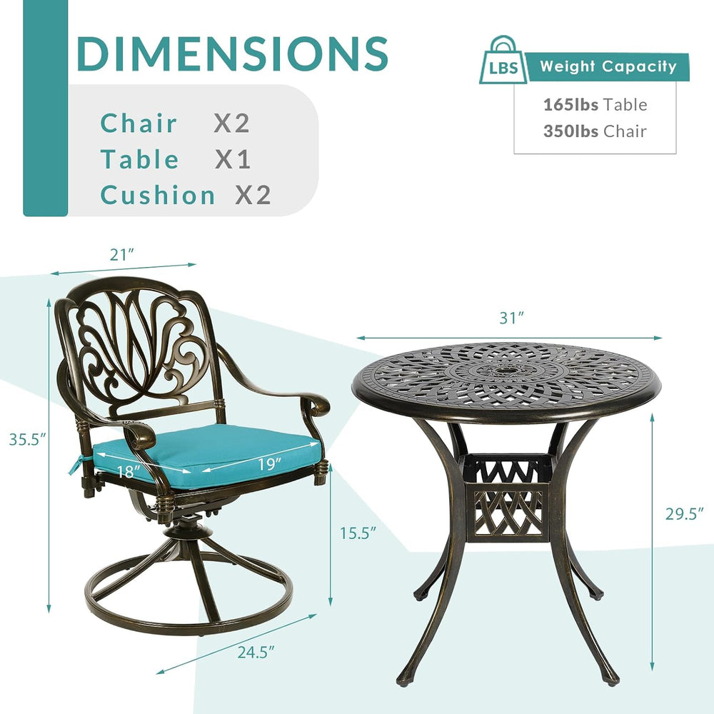 MEETWARM 3-Piece Outdoor Patio Dining Set, All-Weather Cast Aluminum Patio Co...