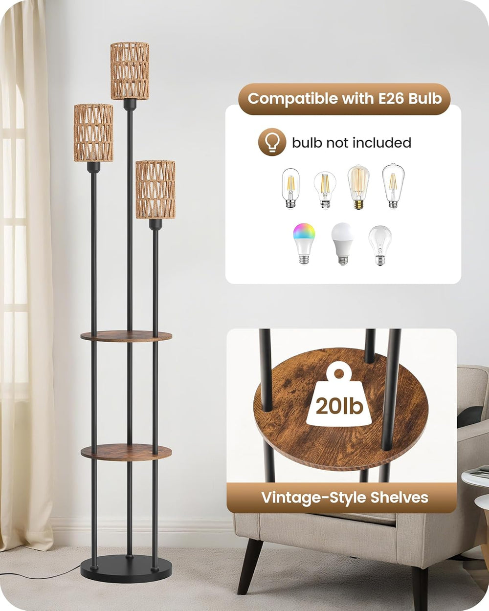 Floor Lamp with Shelves, Boho Floor Lamp with Foot Switch, 3-Light Standing L...