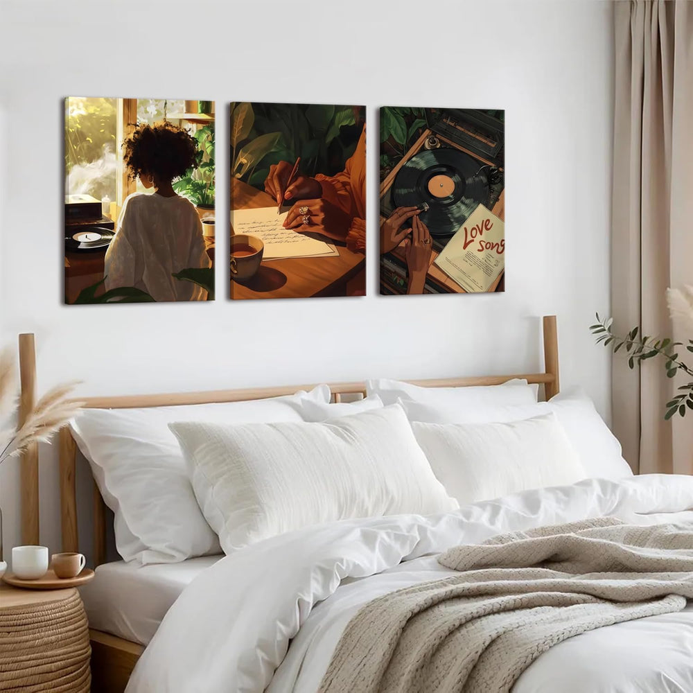 Black Girl Canvas Wall Art Set of 3 Trendy African American Women Music Poste...