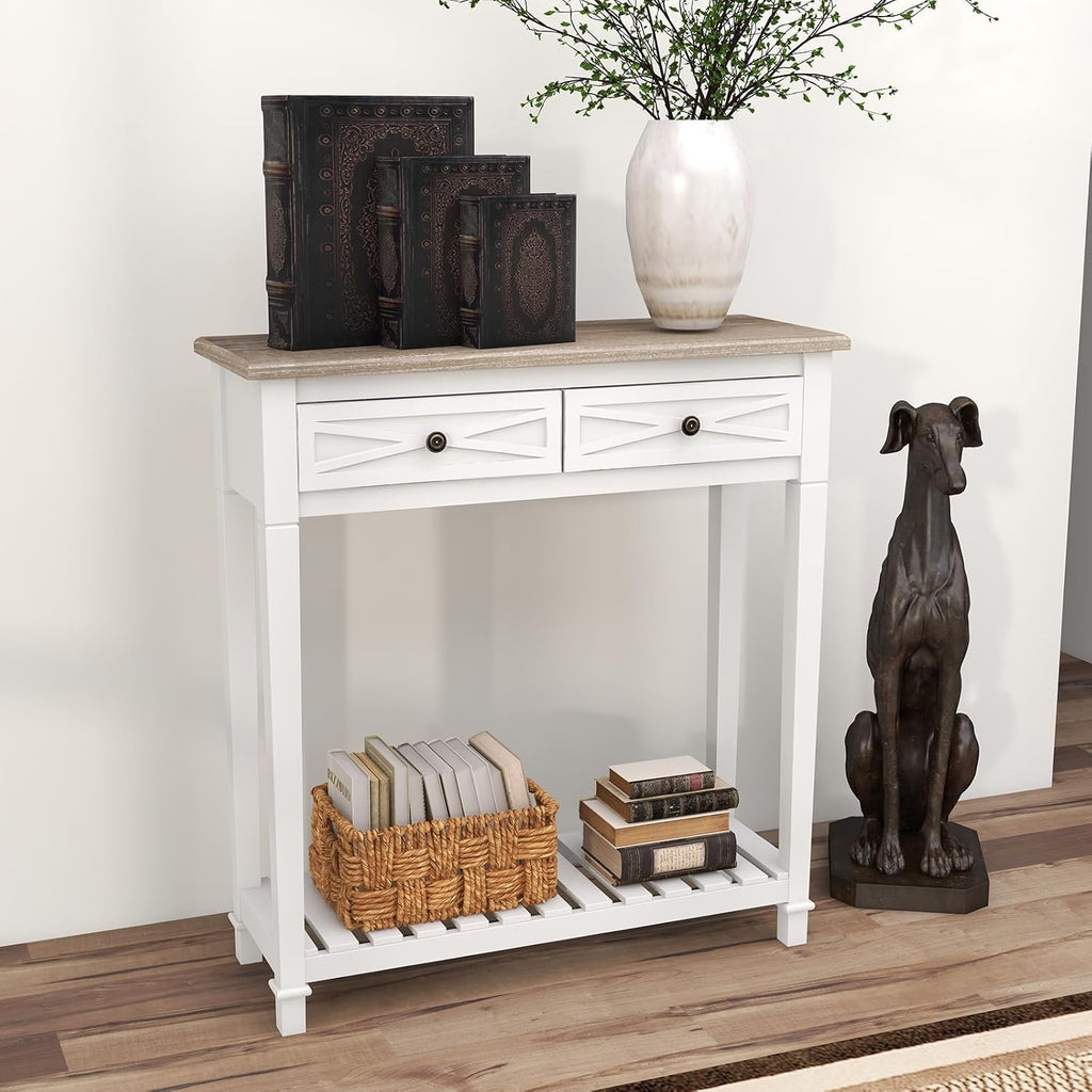 kinbor Narrow Console Table with Drawers, Small Entryway Table, White