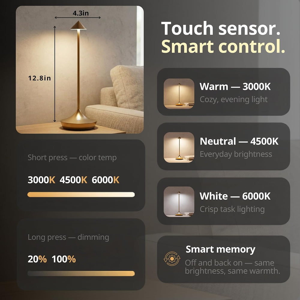 Cordless Rechargeable Table Lamp, Long-Lasting 60-Hr Battery, Dimmable LED