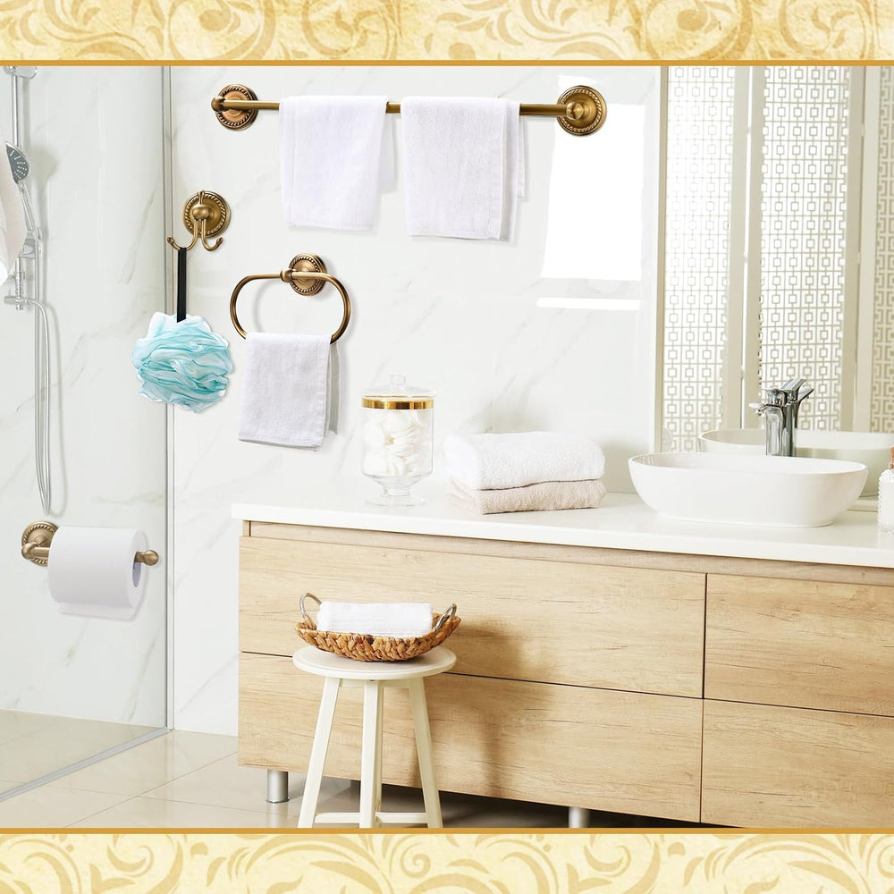 4 Pcs Antique Brass Gold Bathroom Accessories Set Wall-Mounted Towel Rack &am...