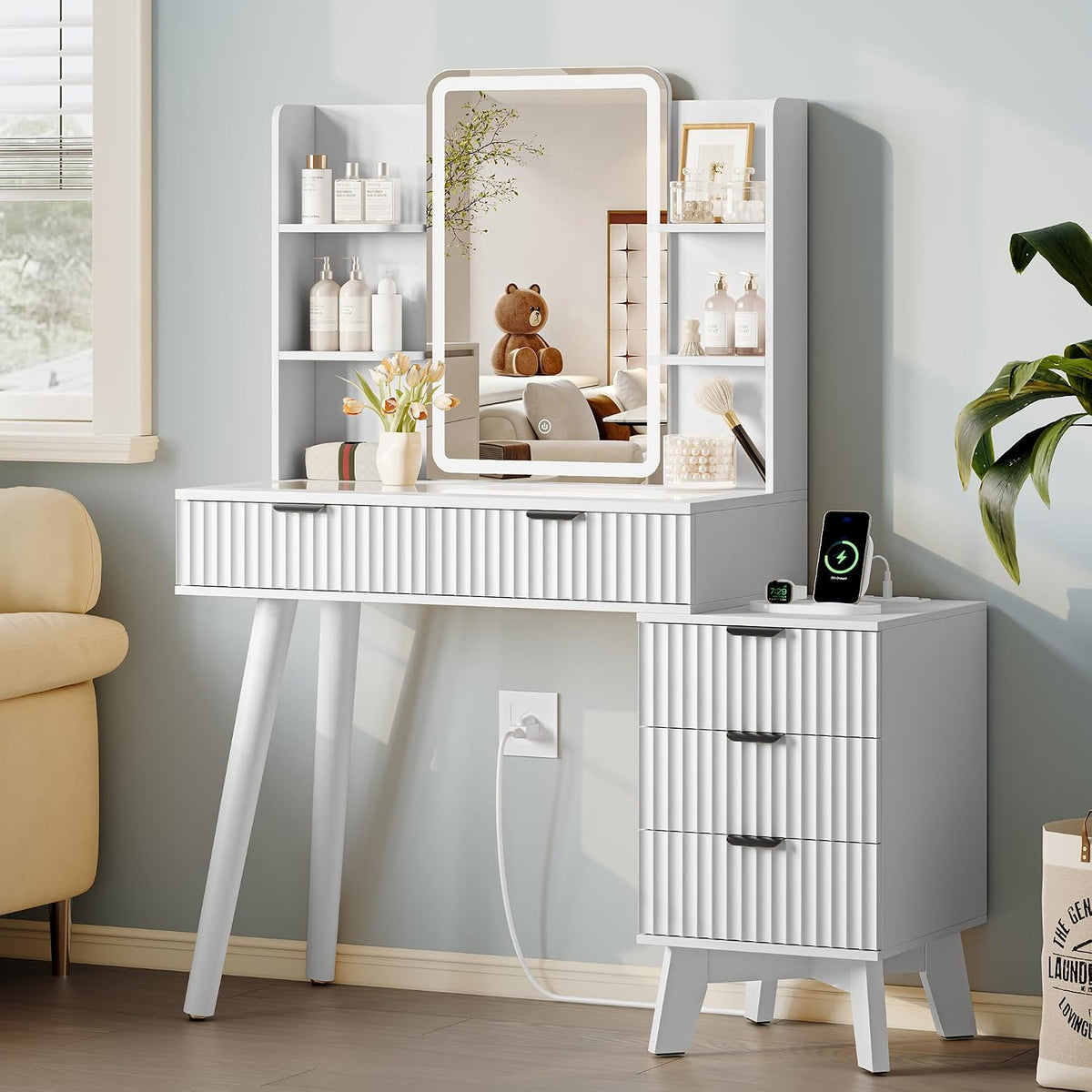 Xixini Fluted Vanity Desk with LED Lights Mirror & Charging Station, White