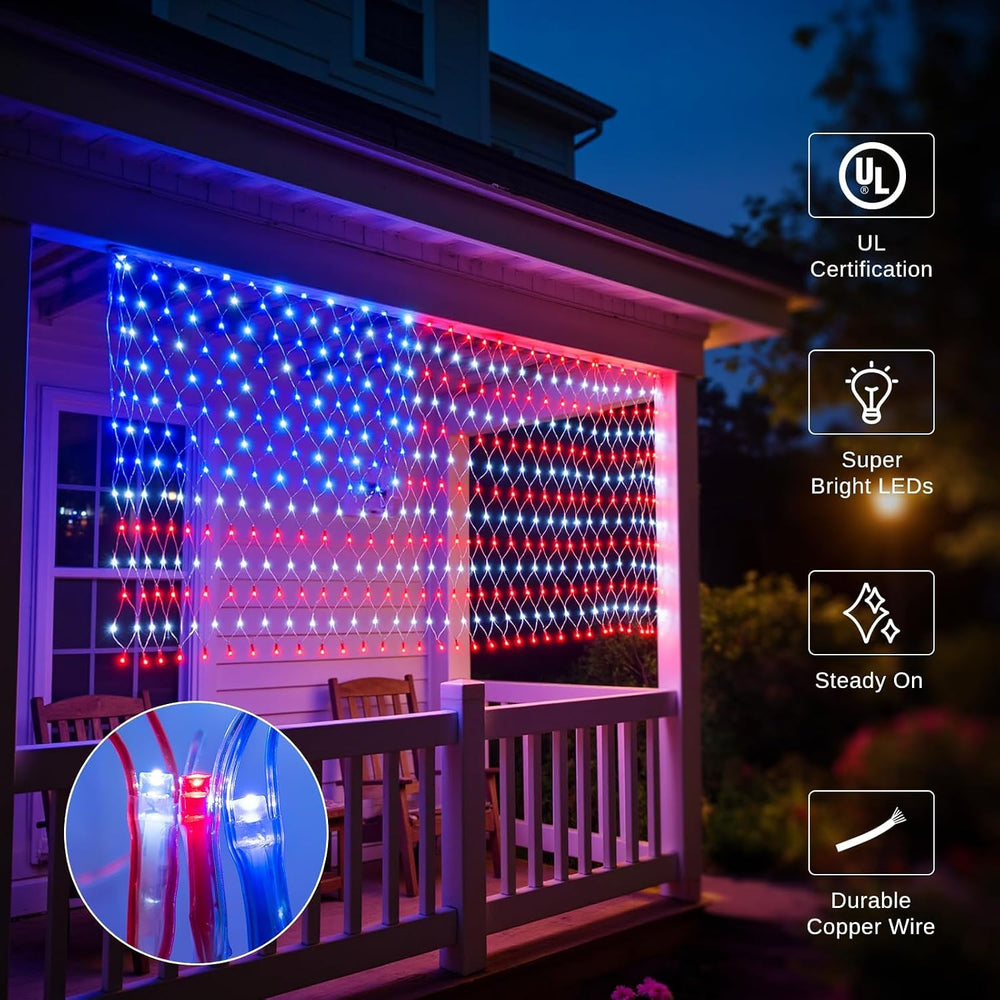 American Flag Lights Outdoor - 420 Super Bright Red White and Blue Lights, Wa...