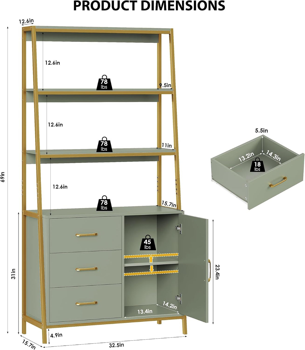 hithos green gold bookshelf, 69" h ladder book, side view