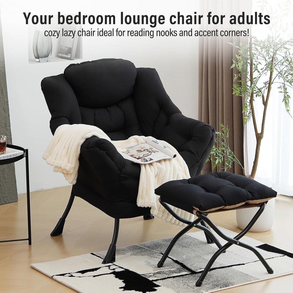 Furlide Lazy Chair with Ottoman, Soft Comfy Chair for Bedroom, Black