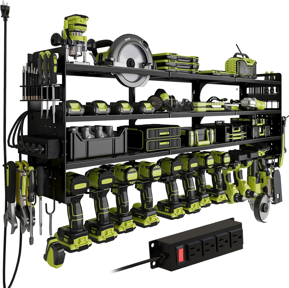 Power Tool Organizer Wall Mount, 12-Drill 4-Tier Charging Station, Black