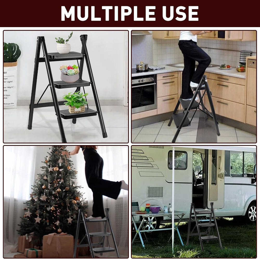 3 Step Ladder, Portable Folding Step Stool for Home Kitchen, Black