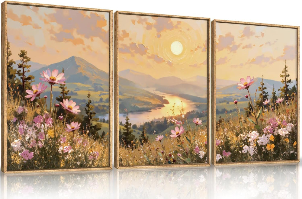 LHIUEM Large Boho Sunset Wildflower Framed Canvas Wall Art,Nature Pink Flower...