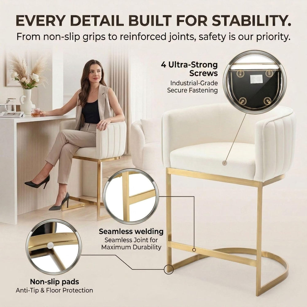 Hyfirm Set of 3 Beige Velvet Counter Height Bar Stools Gold Base