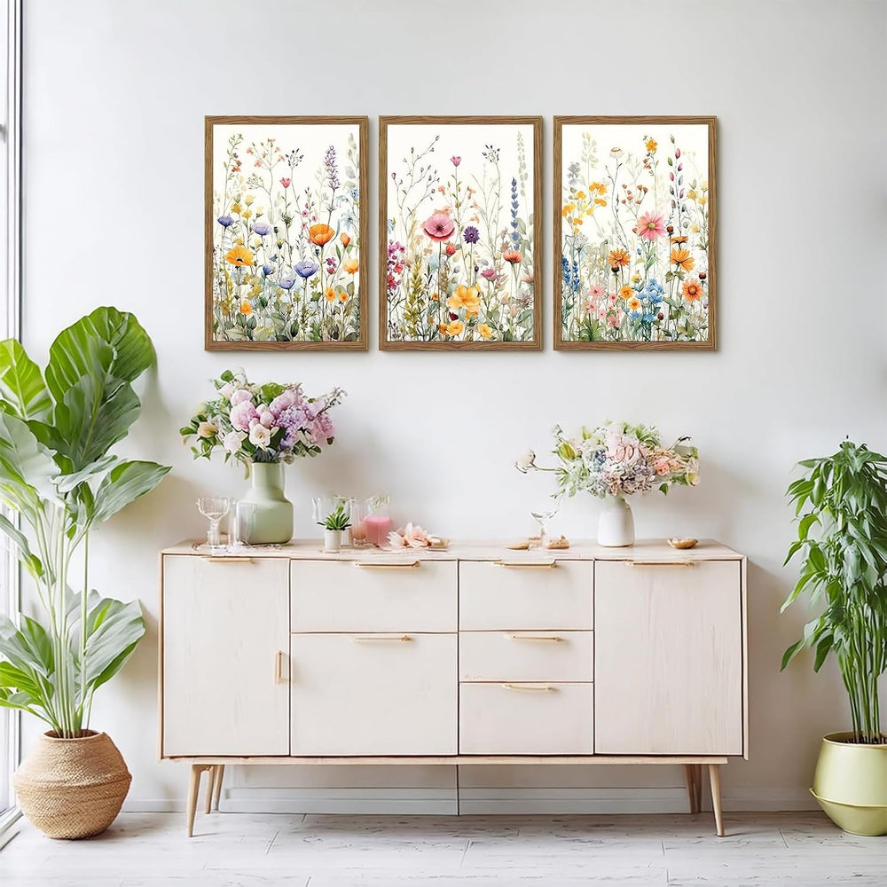 3 Piece Colorful Wildflower Wall Art Set Framed Spring Wall Decor 12x16 In