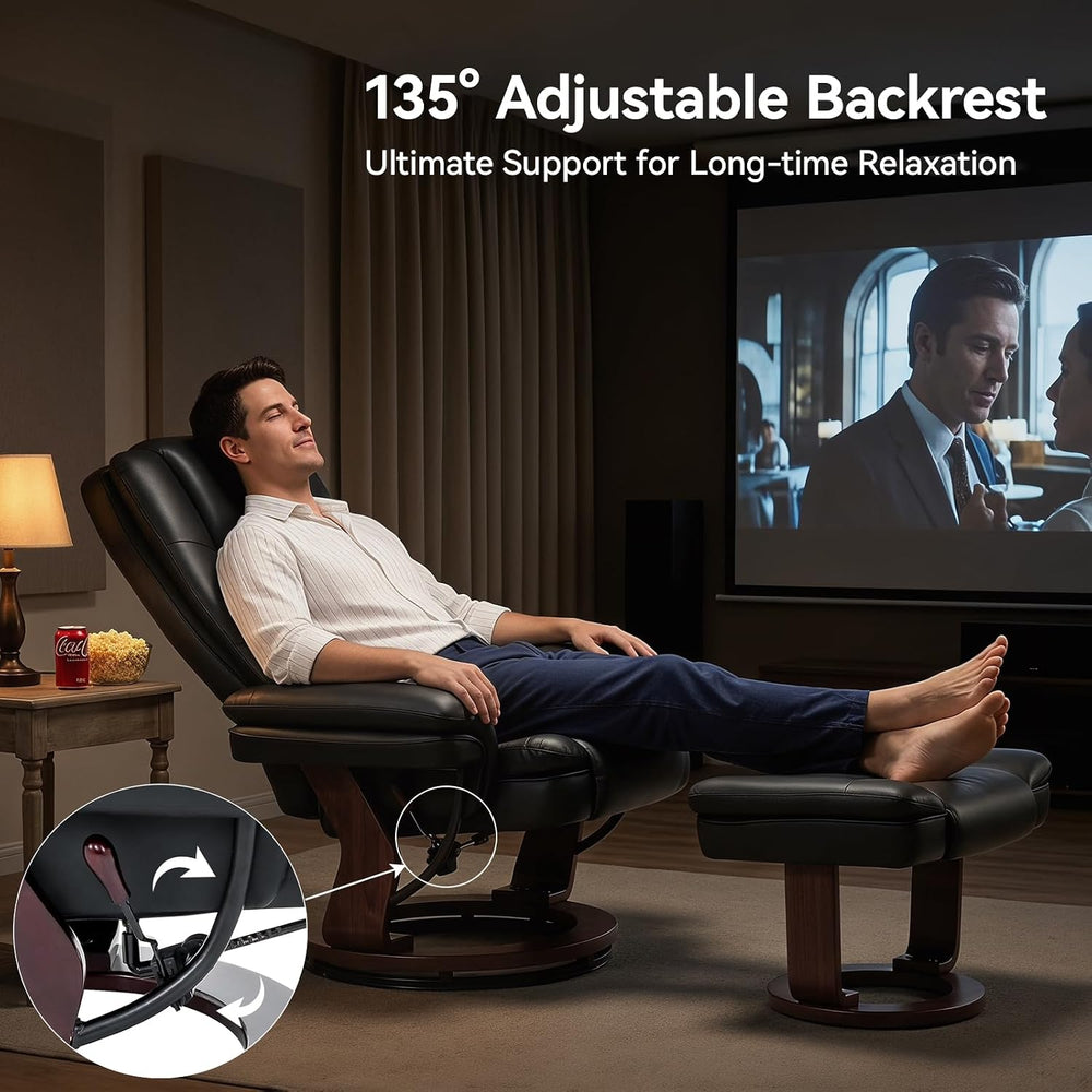 Swivel Recliner Chair with Ottoman, Adjustable PU Leather Recliner, Black