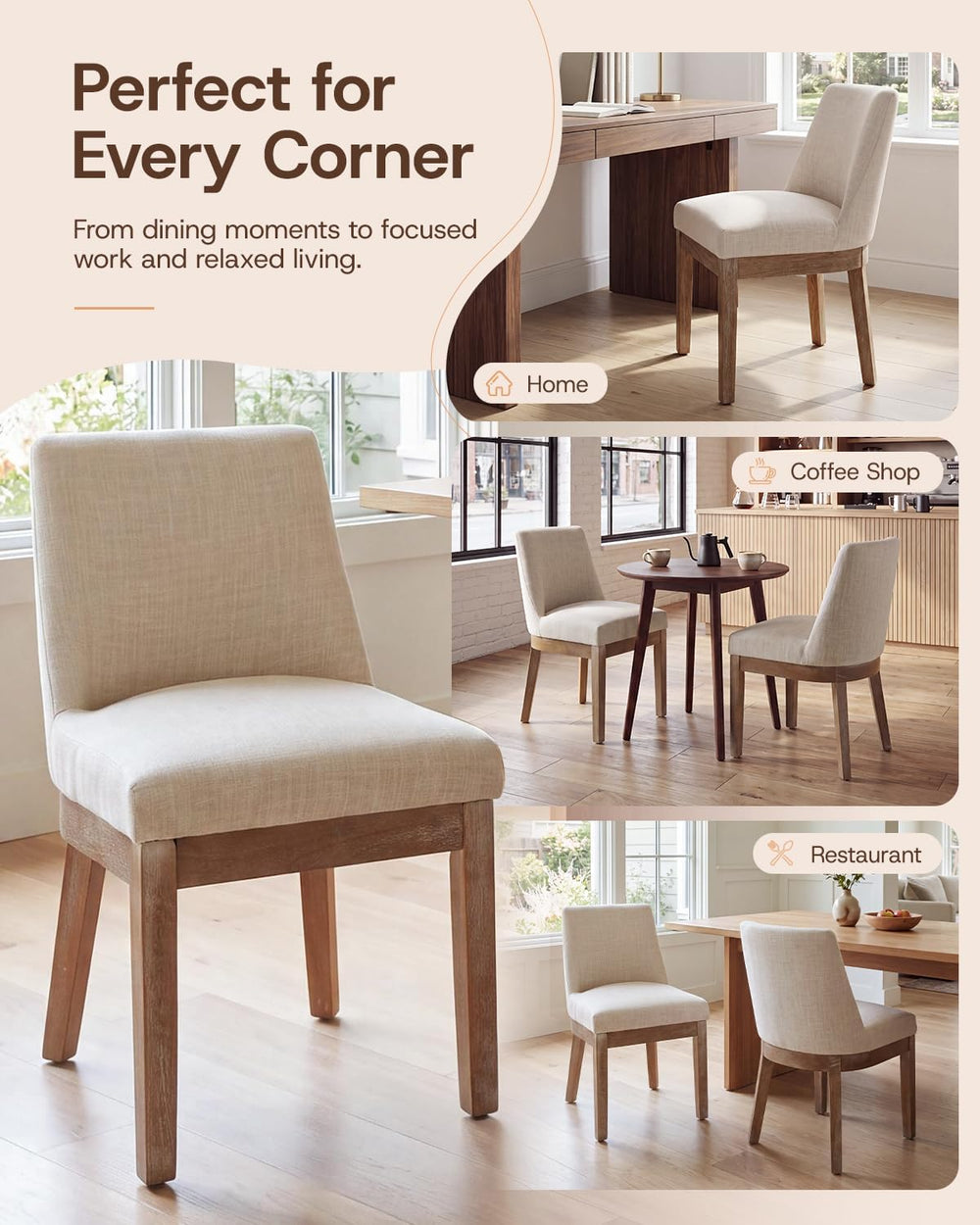 HNY Beige Linen Fabric Dining Chairs Set of 2 with Comfortable Back Support