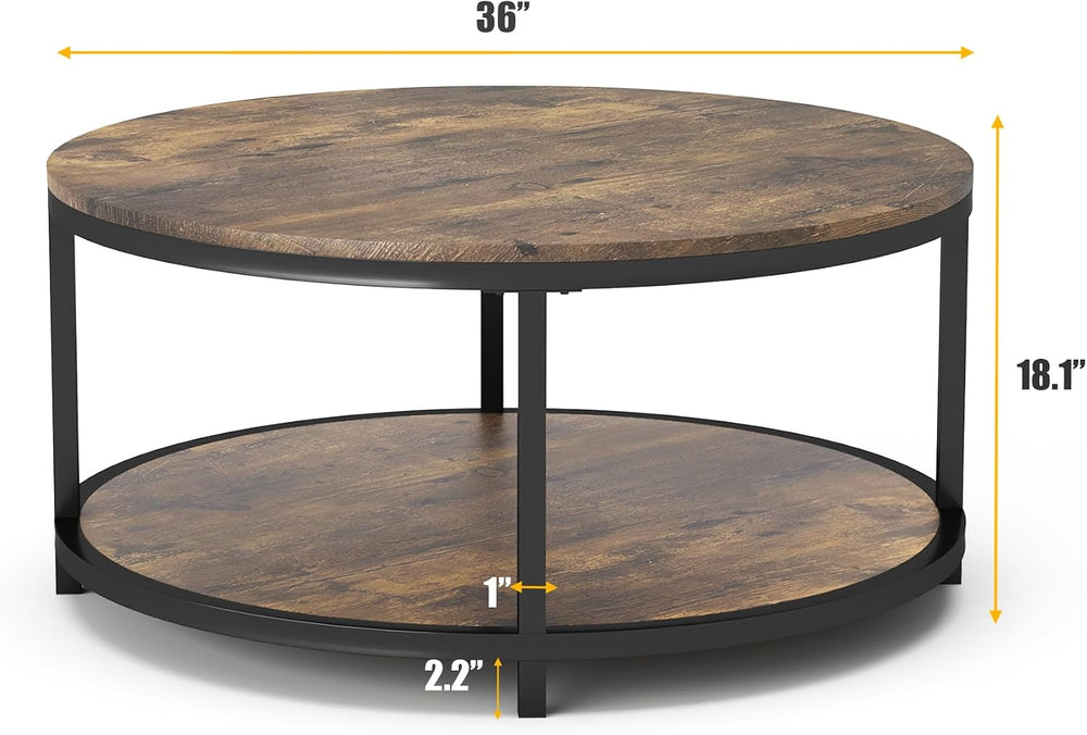 NSdirect 36 inches Round Coffee Table, Rustic Wooden Surface Top & Sturdy...