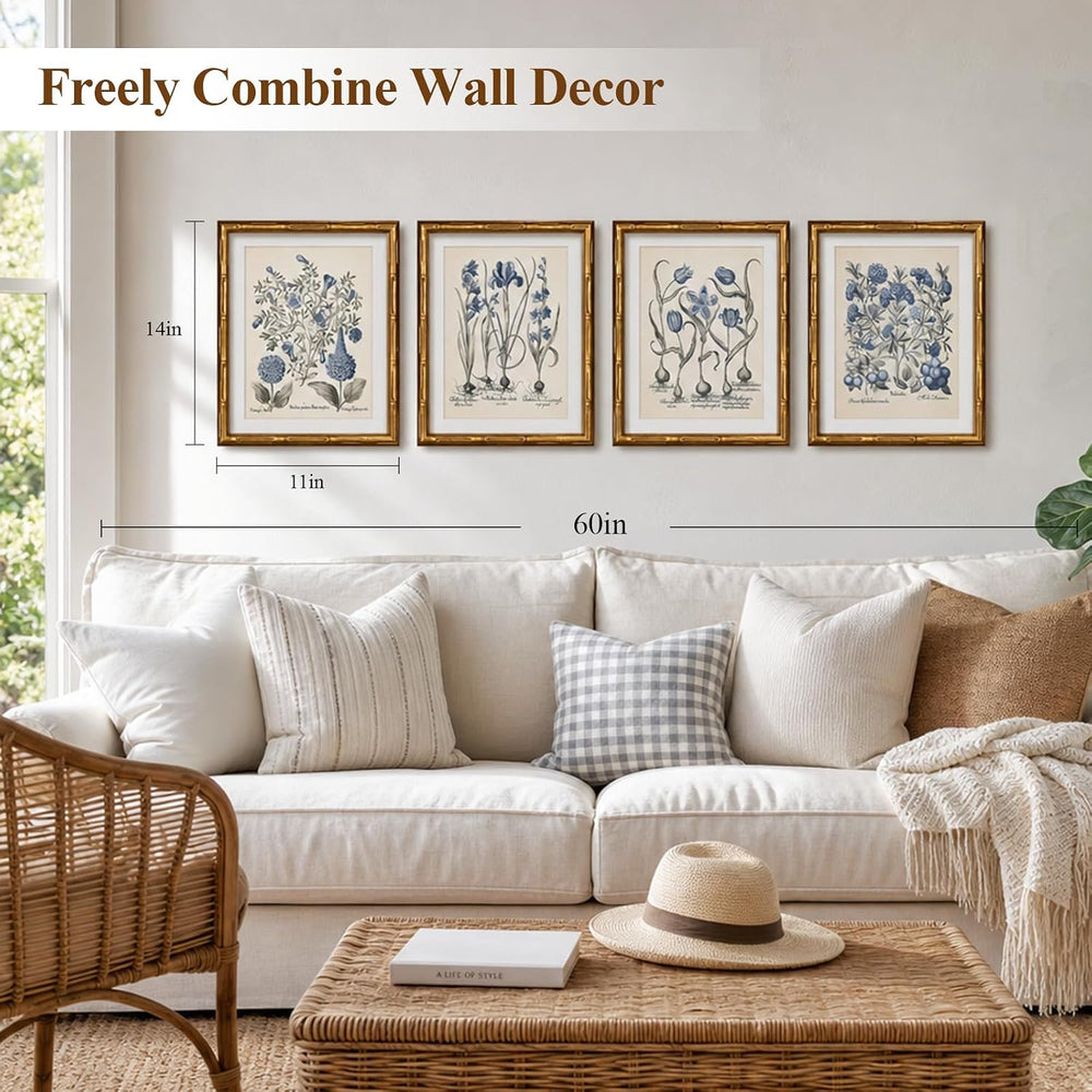 ARPEOTCY Bamboo Framed Botanical Wall Art, 4 Pcs Blue Hydrangea, 11x14inch