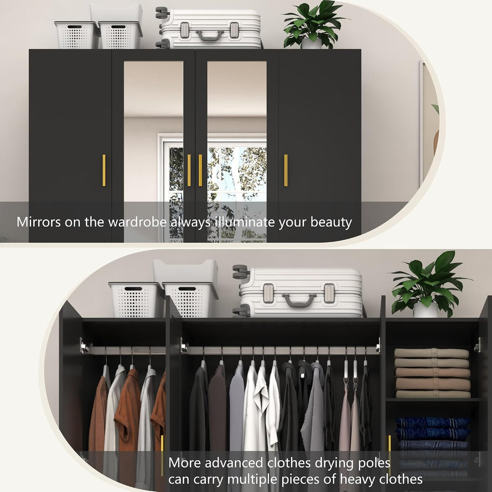 jiteentarou 4 Door Wardrobe Closet with Mirrors and LED Lights, Bedroom Armoi...
