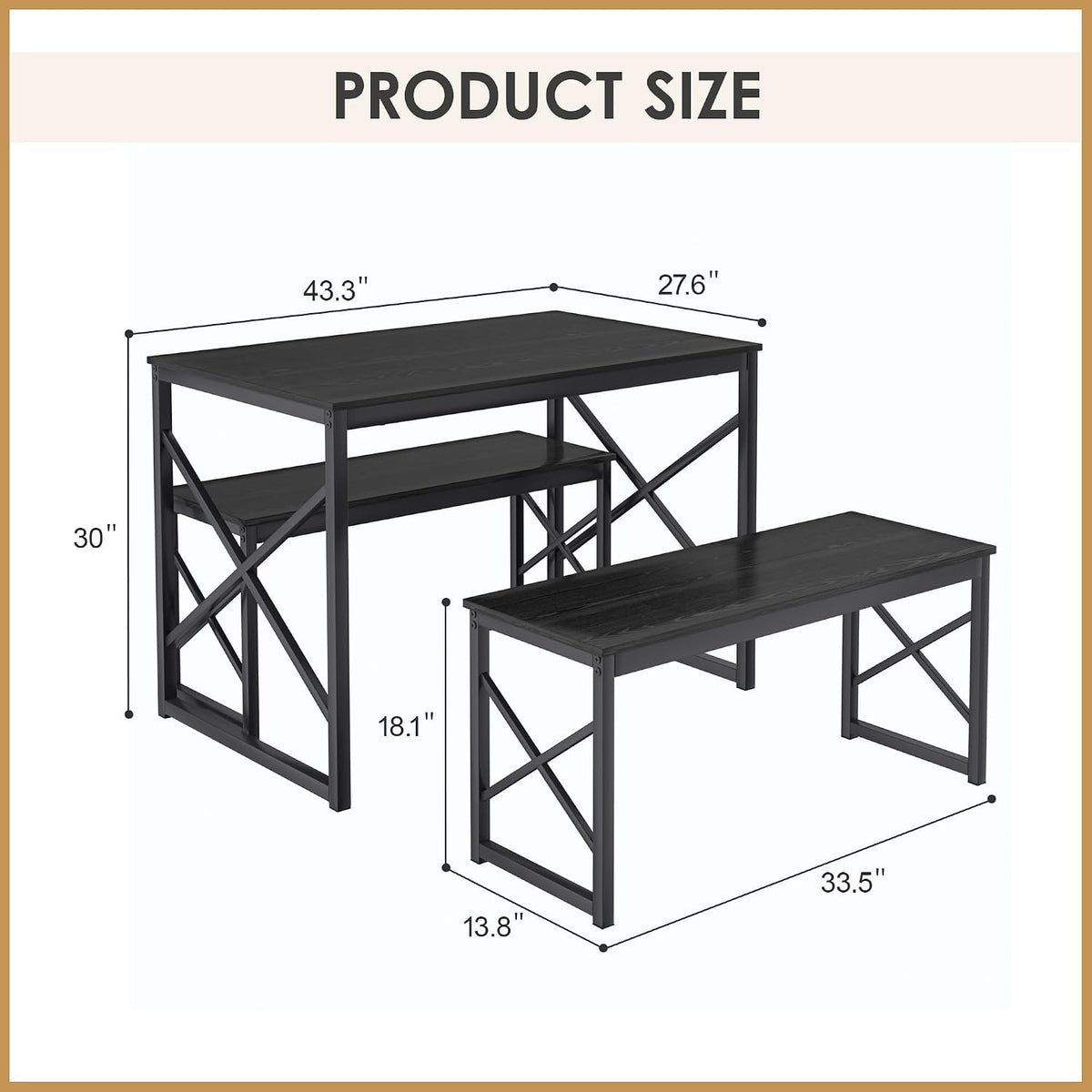 VECELO 43.3" Kitchen Dining Table Set for 4, Heavy-Duty Steel Frame & Wood-Grain Tabletop, Space-Saving Dinette Sets with 2 Benches for Breakfast Nook and Small Space, Black