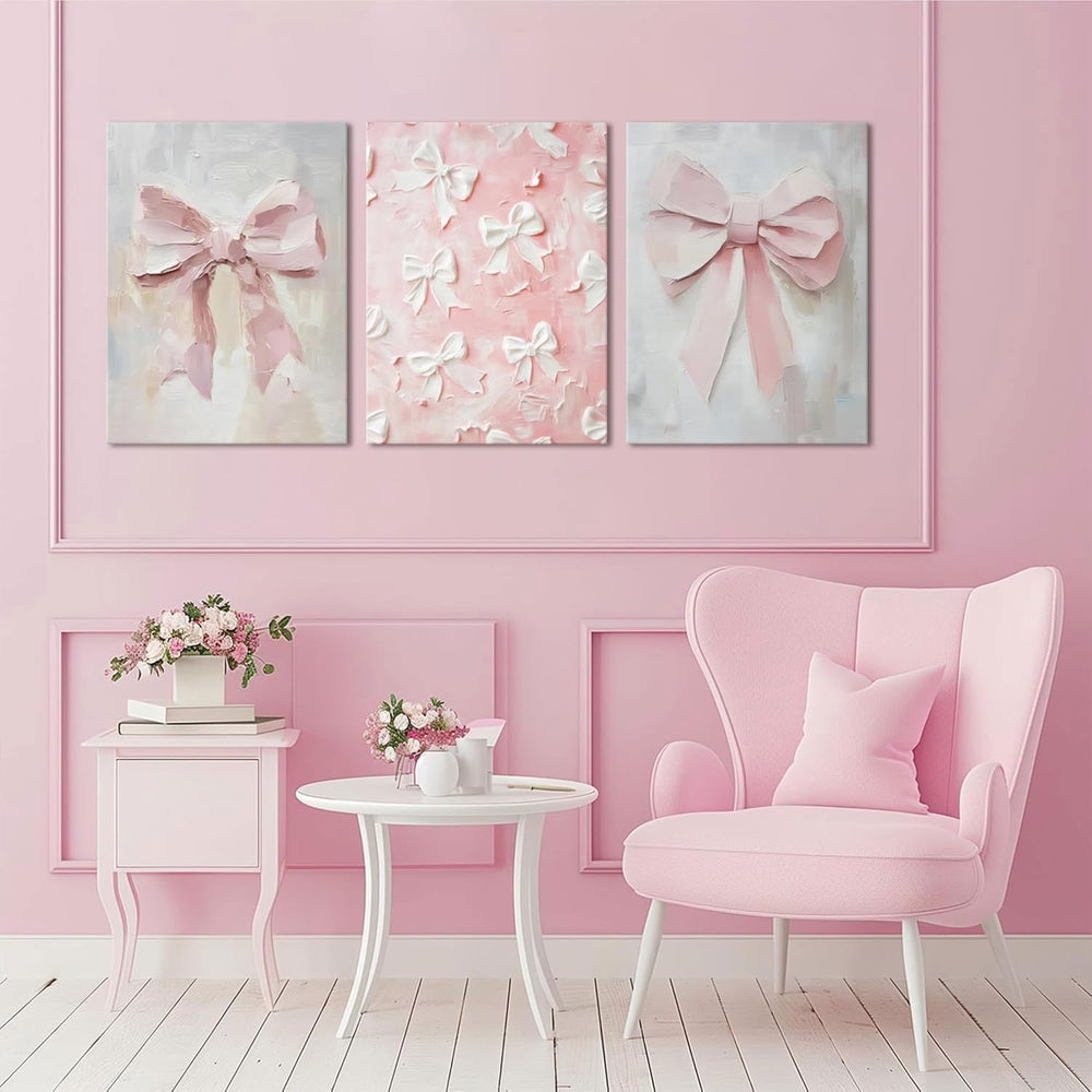 Pink Bow Canvas Wall Art Set of 3 Coquette Oil Painting Cute Bow Posters Wall...
