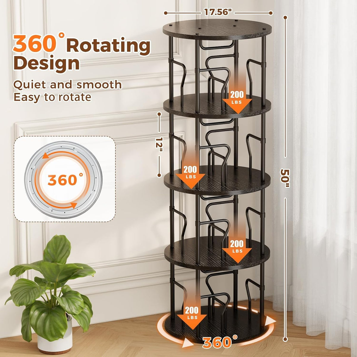 4 Tier Rotating Bookshelf Tower, 360° Display Round Bookcase, Floor Standing Corner Revolving Bookshelf Organizer Storage Rack for Small Spaces, Home Study Office, Black