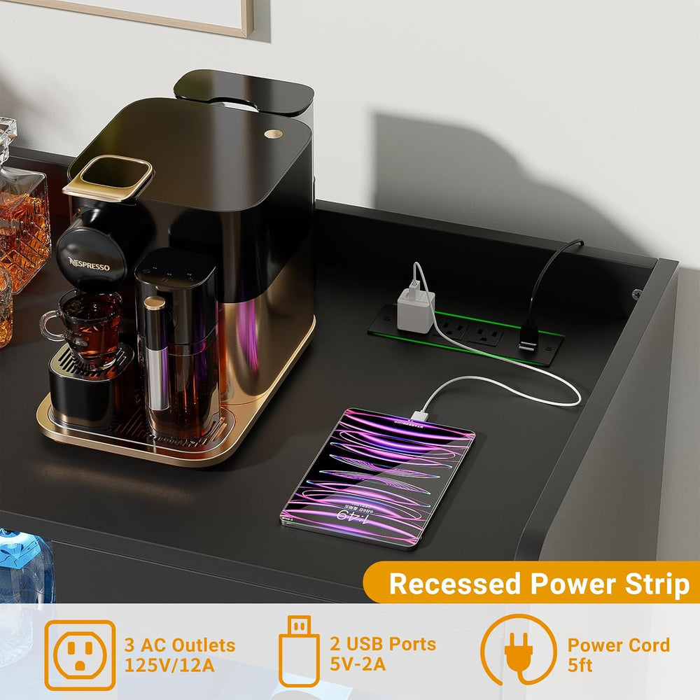 Coffee Bar Cabinet with Power Outlets and LED Light, Black