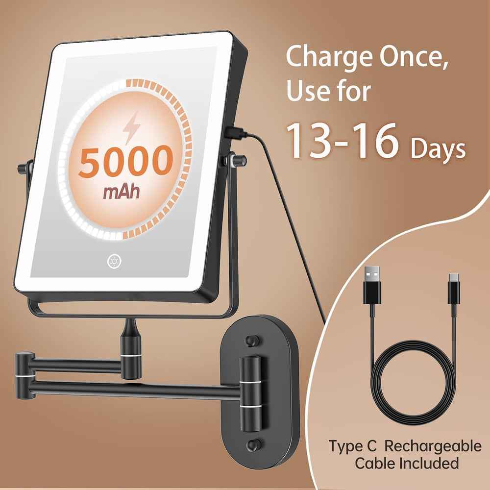 FASCINATE 8.7" 5000mAh Rechargeable Wall Mounted Makeup Mirror (Black)
