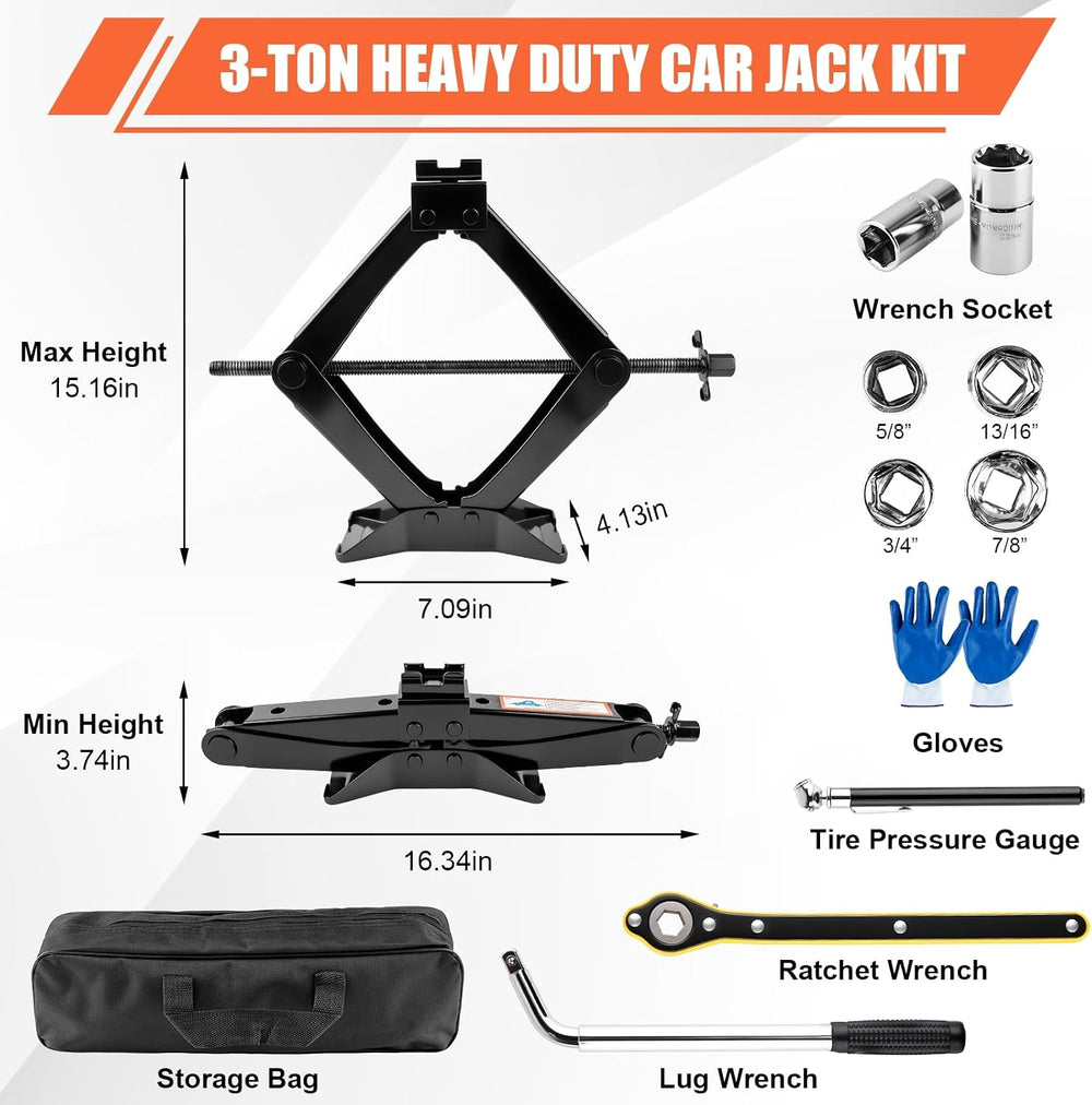 3 Ton (6610 Lbs) Car Jack, Universal Heavy Duty Scissor Jack, Professional Sp...