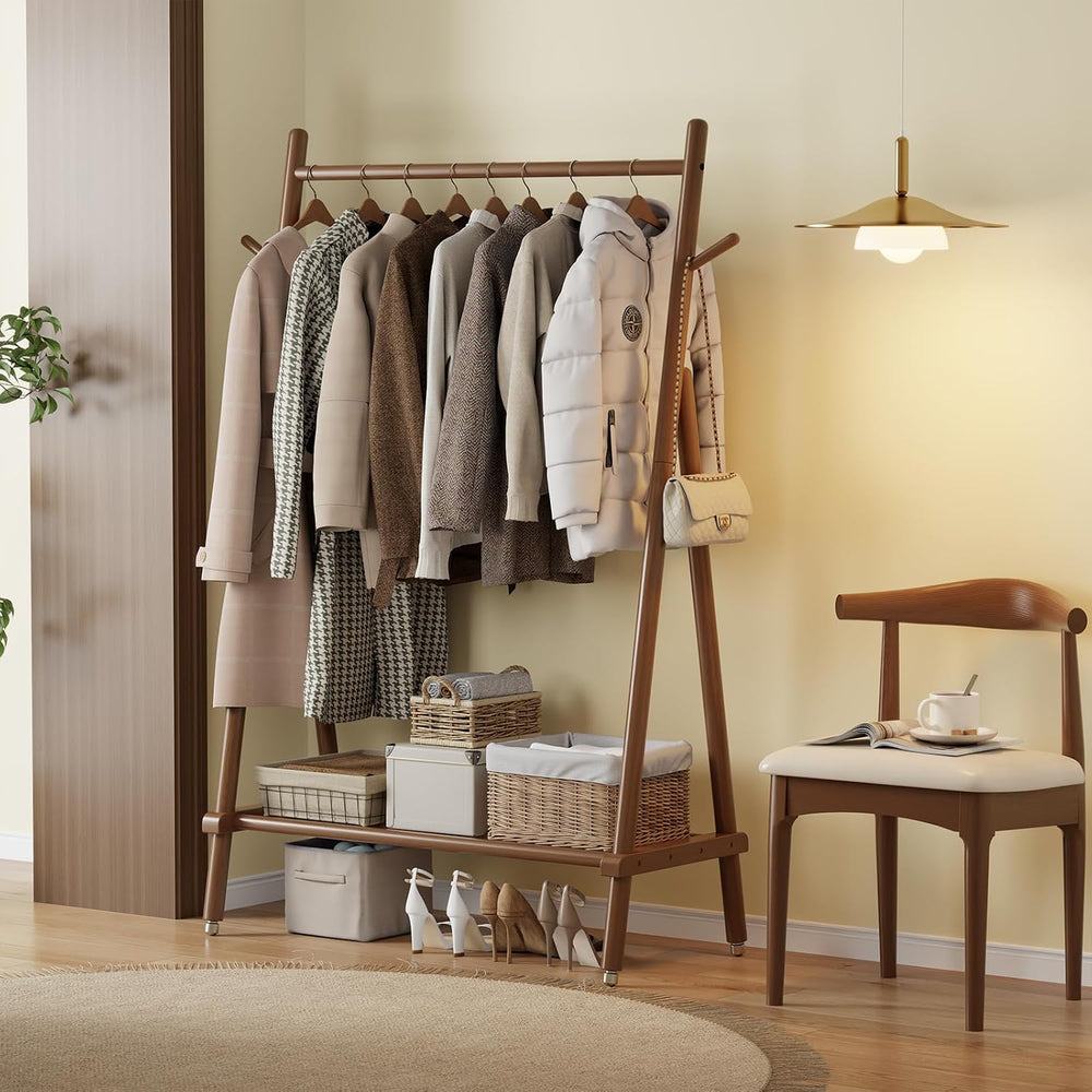 Muwuele Solid Wood Clothing Rack On Wheels for Hanging Clothes，Walnut