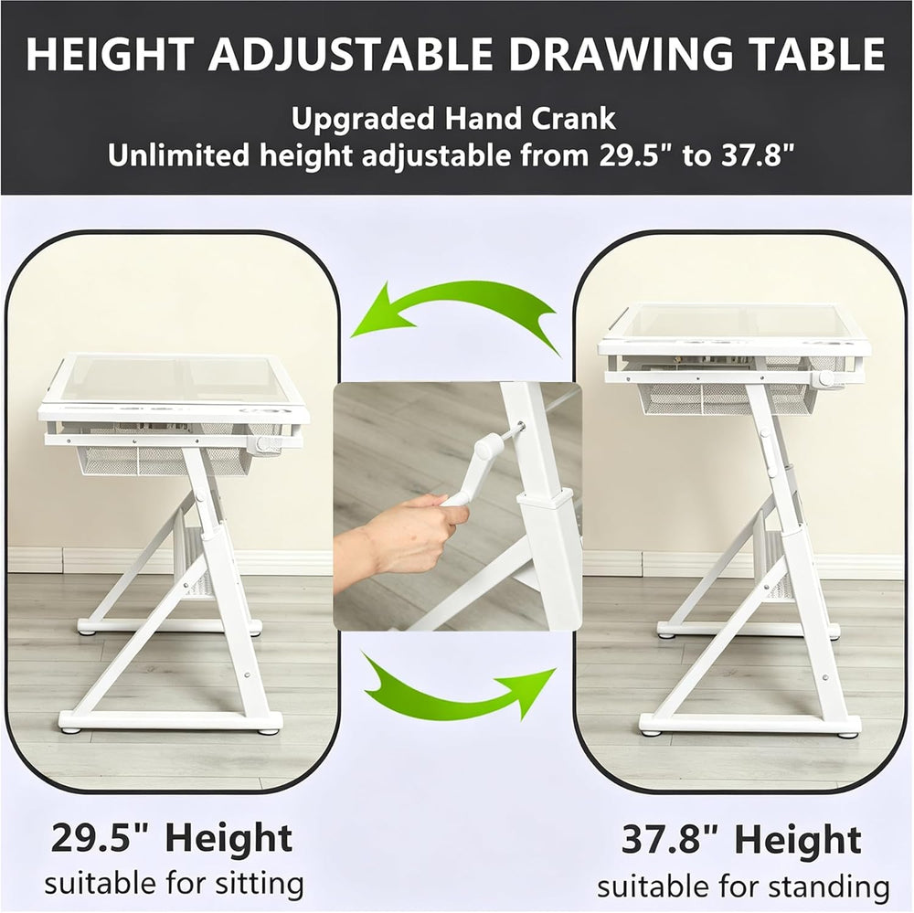 Drafting Desk w/Stool, Upgraded Glass Art Table for Artists, White
